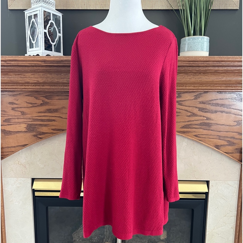 J.Jill Women's Red Waffle Knit Round Neck‎ Textured Tunic Pullover Sweater Sz. M